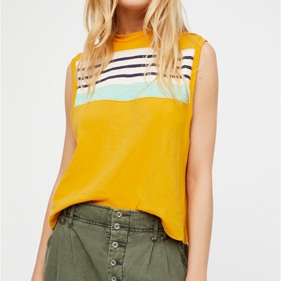 Free people muscle mock neck stripe tank yellow xs - Picture 2 of 5